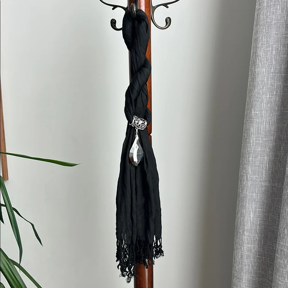 Vintage Black Scarf With Silver Charm & Tassels